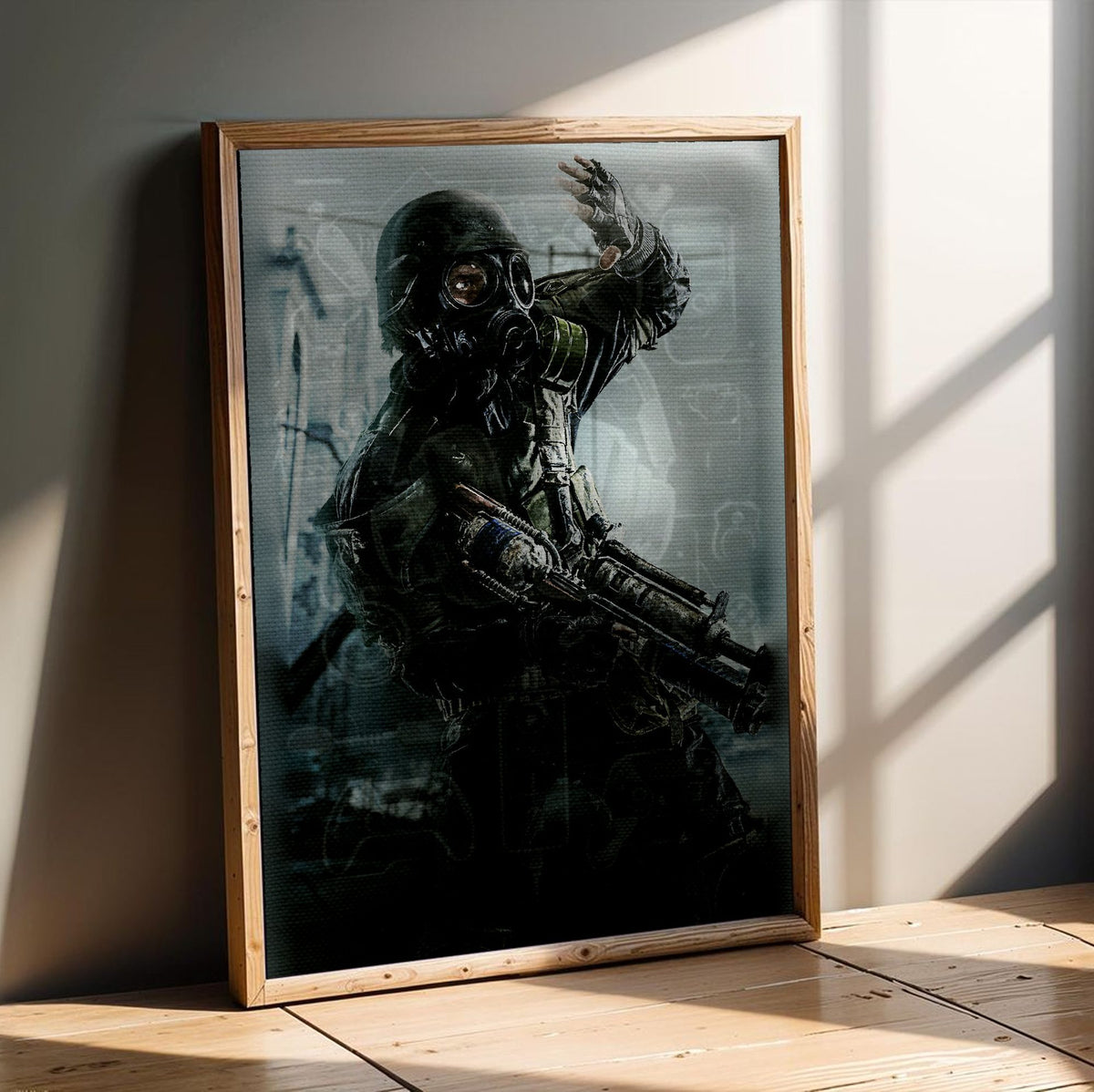 Metro 2033 Redux Key Art poster in an oak frame leaning on a wooden floor
