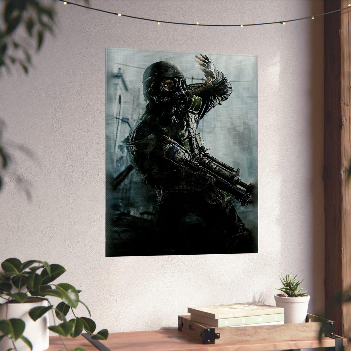 Metro 2033 Redux Key Art poster unframed on a white wall above a desk