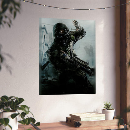 Metro 2033 Redux Key Art poster unframed on a white wall above a desk
