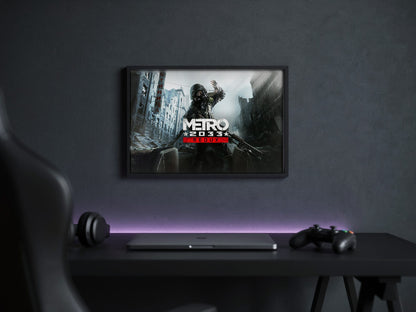 Metro 2033 Redux Wide Key Art poster in a black frame above a gaming desk