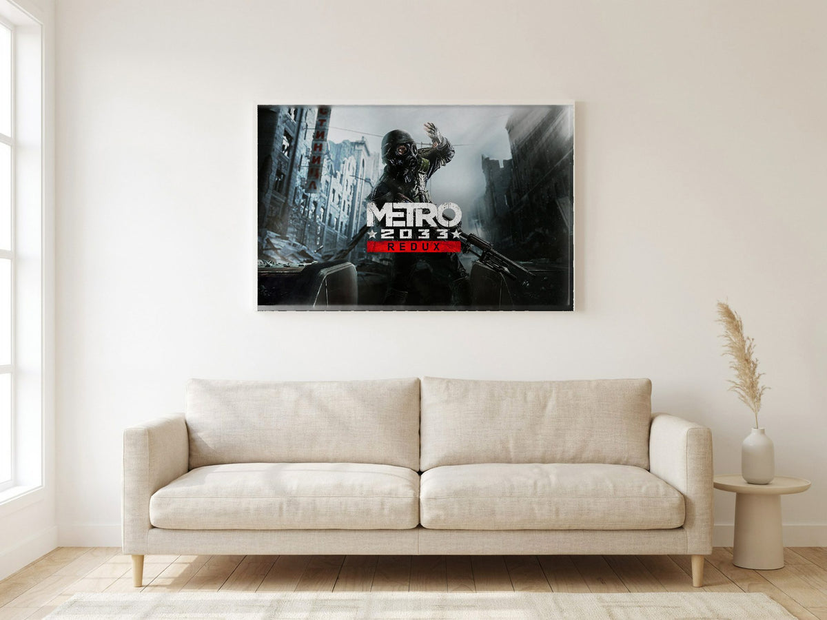 Metro 2033 Redux Wide Key Art poster in a white frame in a living room
