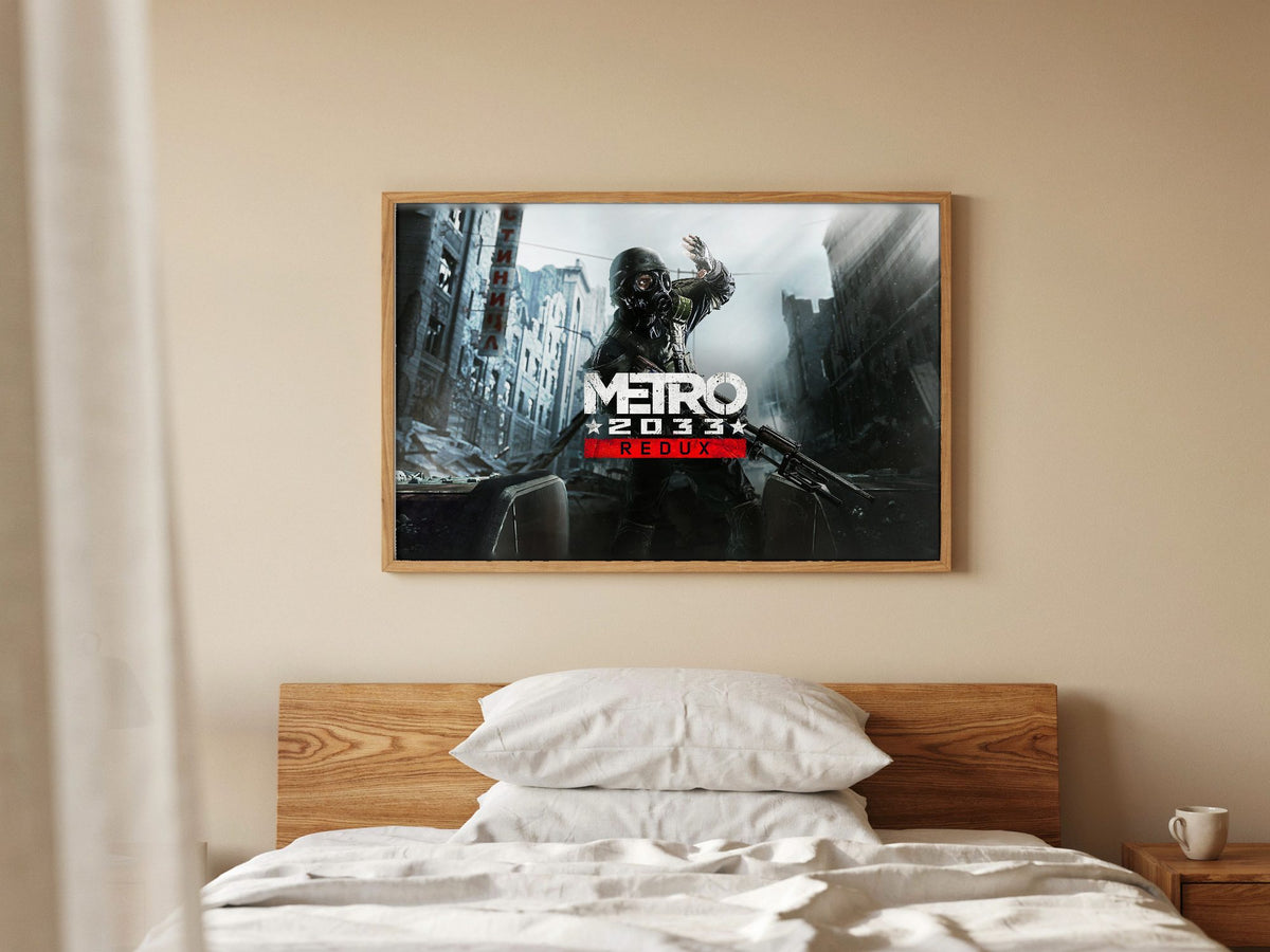Metro 2033 Redux Wide Key Art poster in a natural oak frame in a bedroom