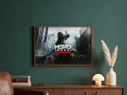 Metro 2033 Redux Wide Key Art poster in a dark walnut frame in a green study