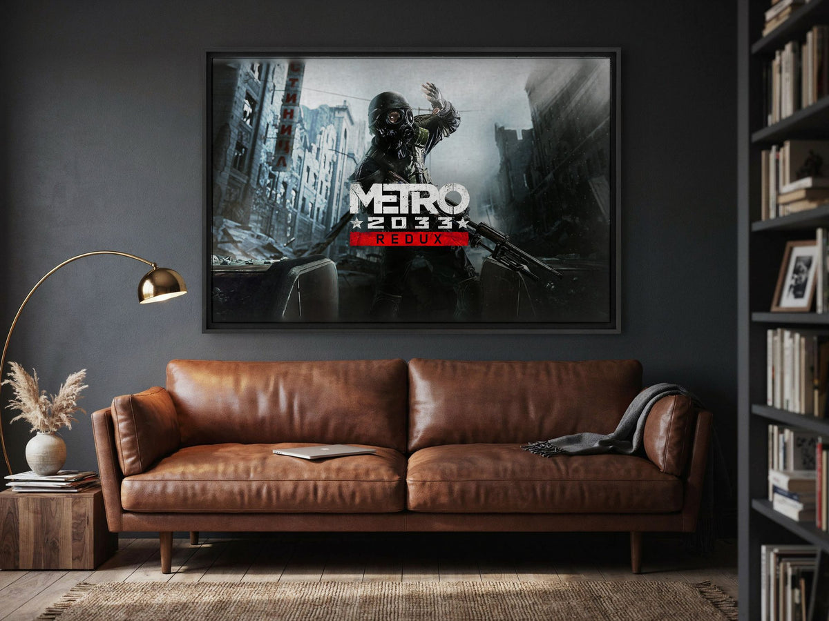 Metro 2033 Redux Wide Key Art as a black floater framed canvas in a media room