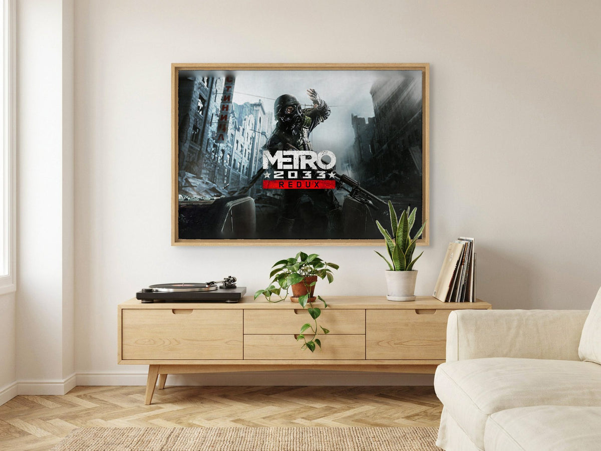 Metro 2033 Redux Wide Key Art as an oak floater framed canvas in a Scandinavian lounge