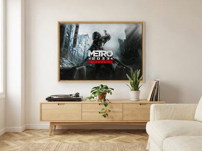Metro 2033 Redux Wide Key Art as an oak floater framed canvas in a Scandinavian lounge