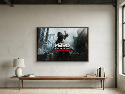 Metro 2033 Redux Wide Key Art as a walnut floater framed canvas in a loft