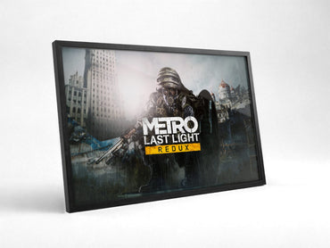 Metro: Last Light Redux Wide Key Art poster in a black frame with glass leaning against a wall