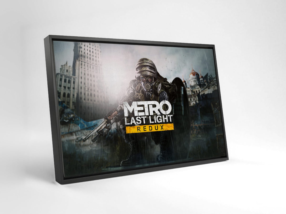 Metro: Last Light Redux Wide Key Art as a black floater framed canvas leaning against a wall