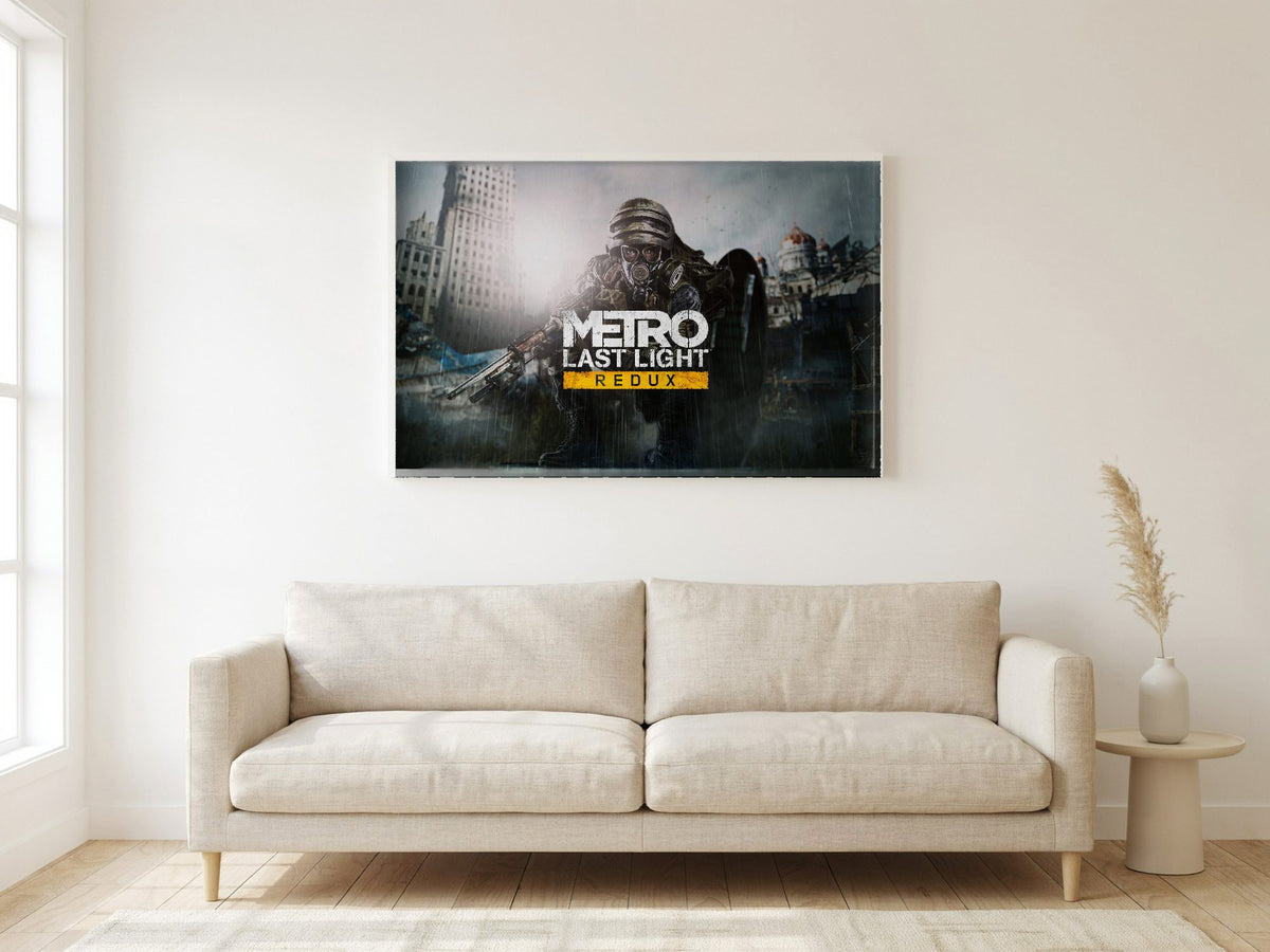 Metro: Last Light Redux Wide Key Art poster in a white frame in a living room