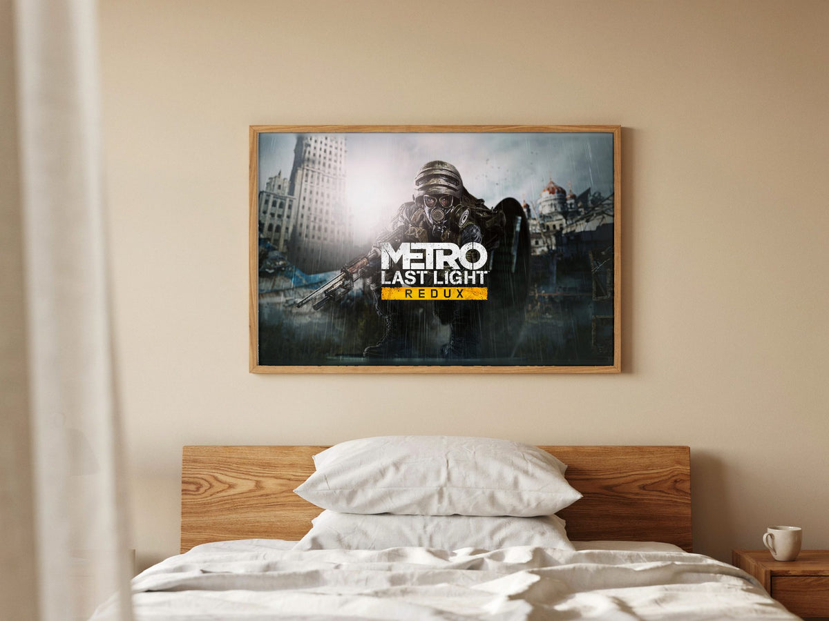 Metro: Last Light Redux Wide Key Art poster in a natural oak frame in a bedroom