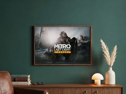 Metro: Last Light Redux Wide Key Art poster in a dark walnut frame in a green study