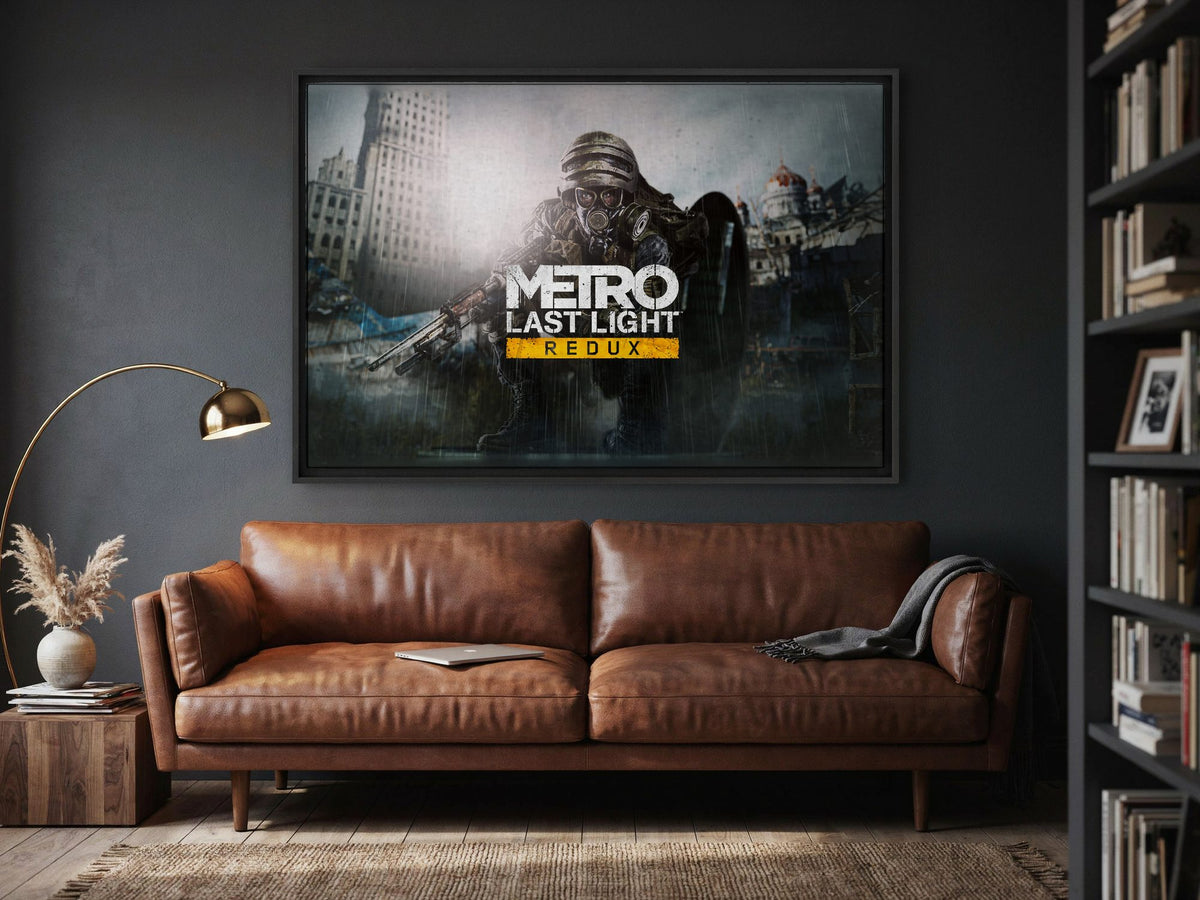 Metro: Last Light Redux Wide Key Art as a black floater framed canvas in a media room