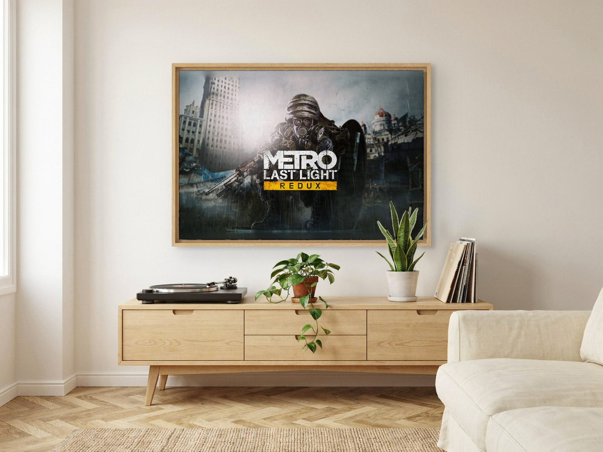 Metro: Last Light Redux Wide Key Art as an oak floater framed canvas in a Scandinavian lounge