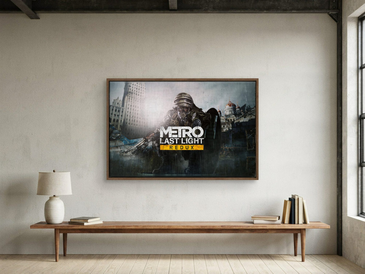 Metro: Last Light Redux Wide Key Art as a walnut floater framed canvas in a loft