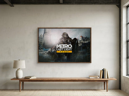 Metro: Last Light Redux Wide Key Art as a walnut floater framed canvas in a loft