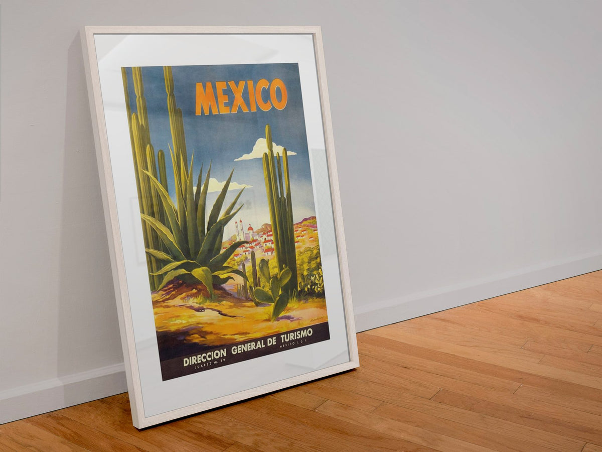 Mexico Agave Cactus poster in a white frame leaning against a wall
