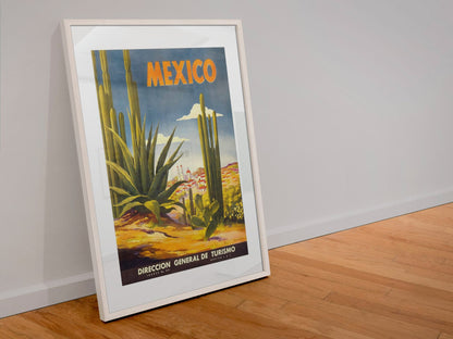 Mexico Agave Cactus poster in a white frame leaning against a wall