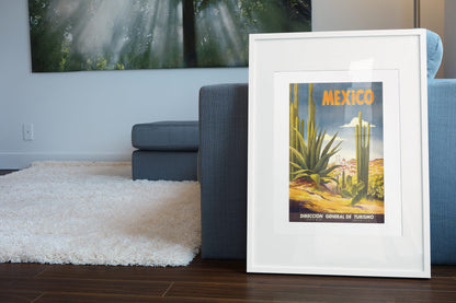 Mexico Agave Cactus poster leaning beside a blue sofa