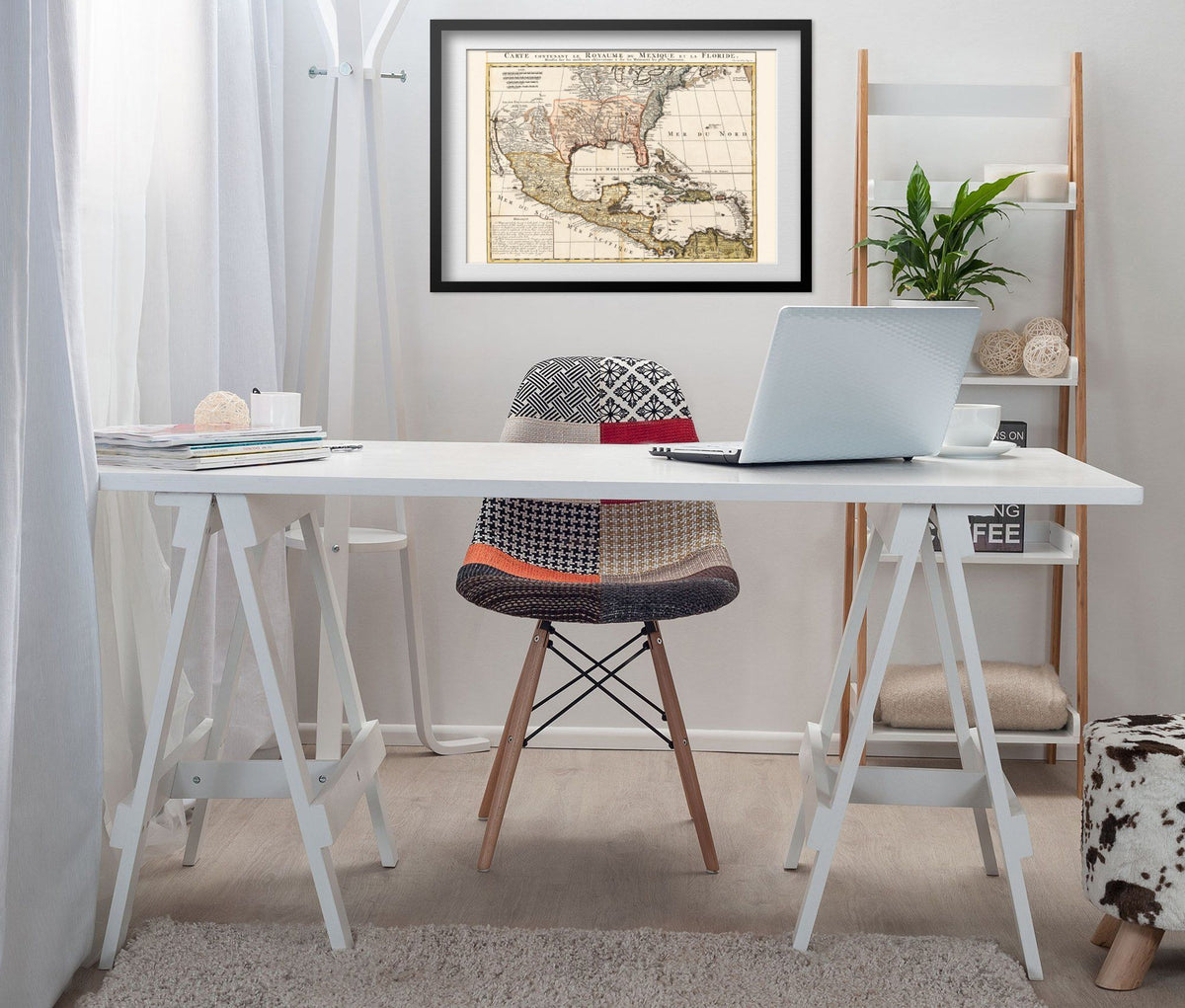 Mexico & Florida 1700s Map print framed above a white desk in a home office