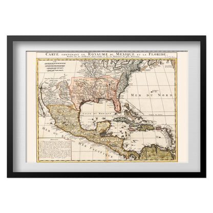 Mexico & Florida 1700s Map print in a black frame with a white mat