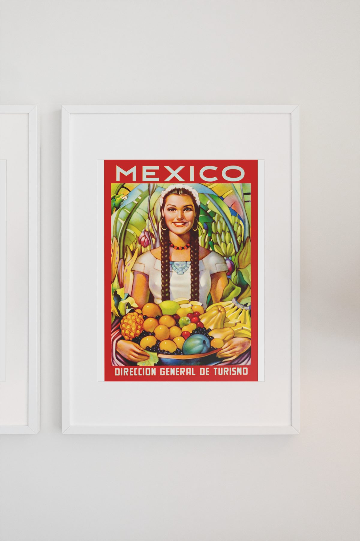 Mexico Girl with Fruit poster on a light wall