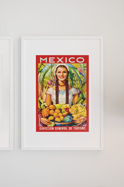 Mexico Girl with Fruit poster on a light wall