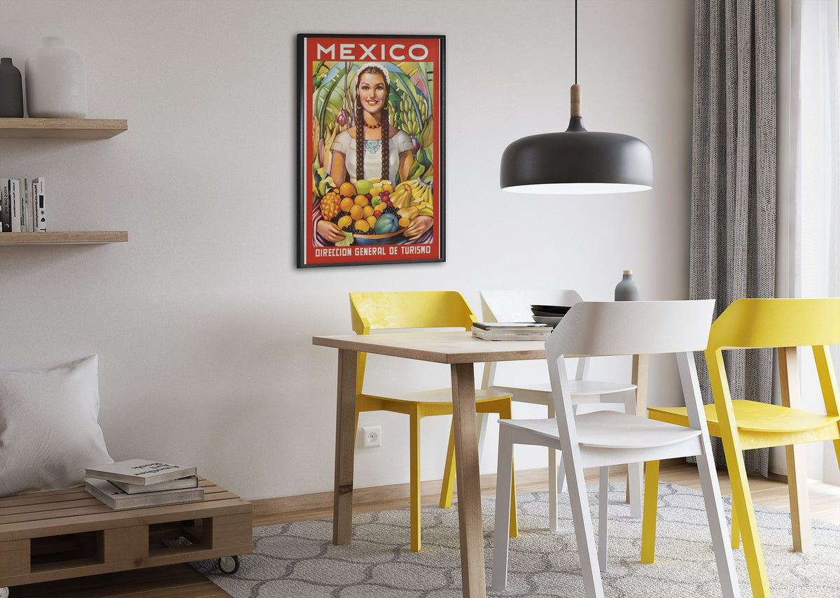 Mexico Girl with Fruit poster framed above a dining table