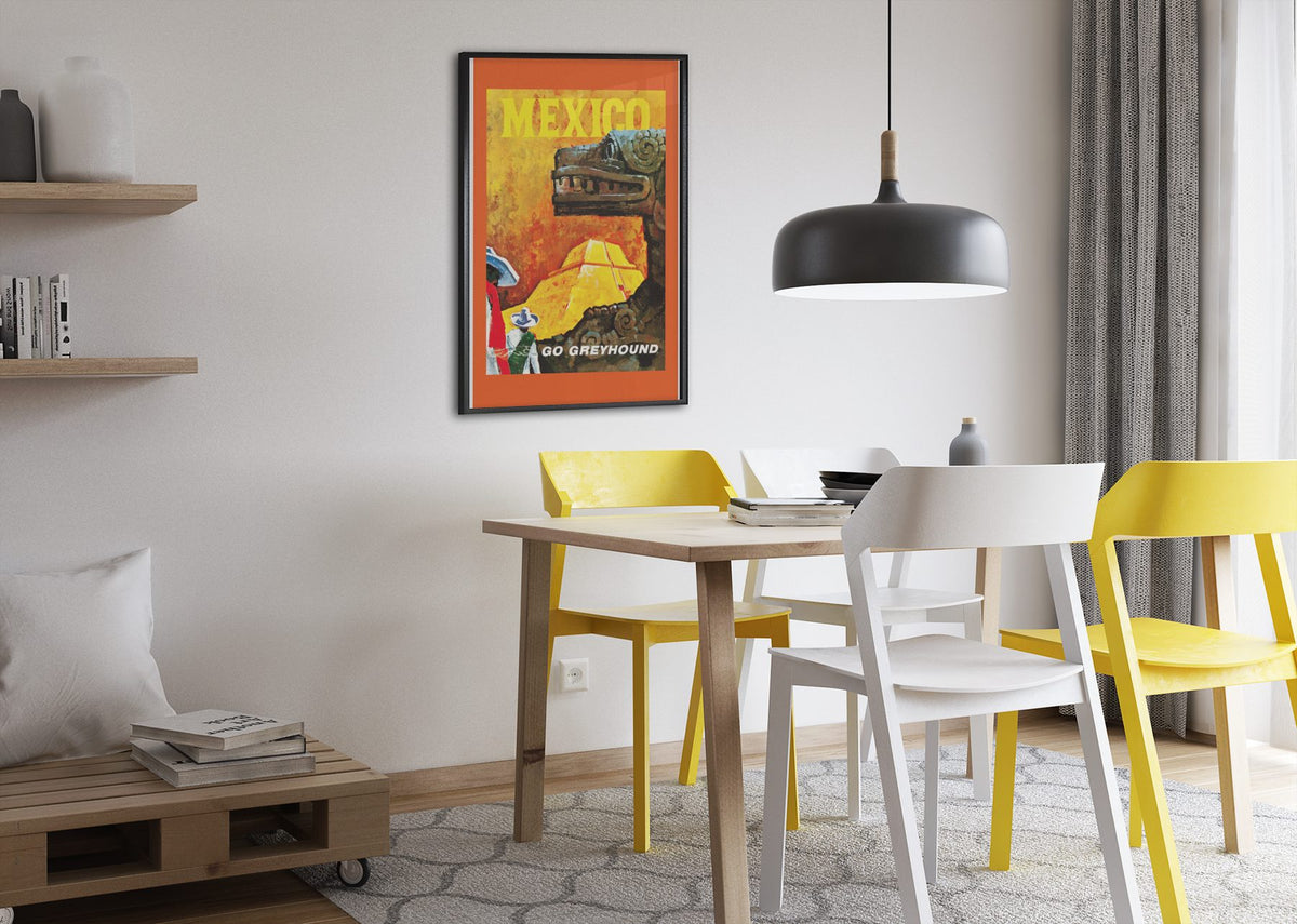 Mexico Go Greyhound poster framed above a dining table