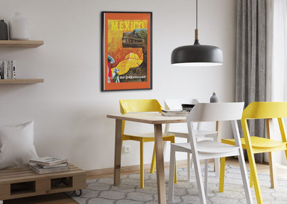 Mexico Go Greyhound poster framed above a dining table