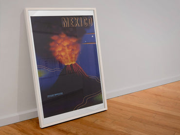 Mexico Paricutin Volcano poster in a white frame leaning against a wall