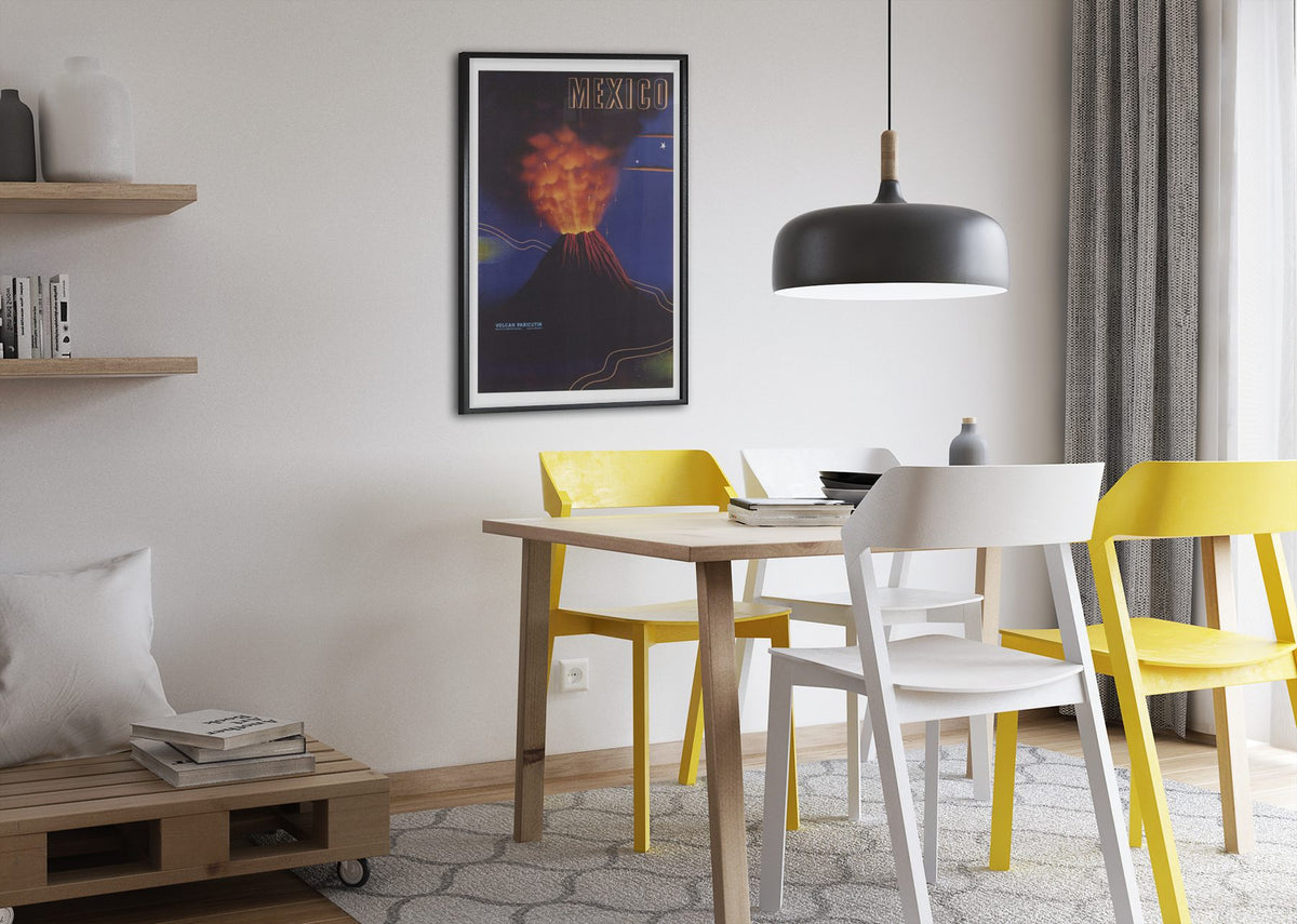 Mexico Paricutin Volcano poster framed above a dining table
