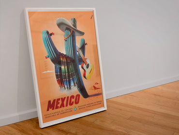 Mexico Saguaro Cactus poster in a white frame leaning against a wall