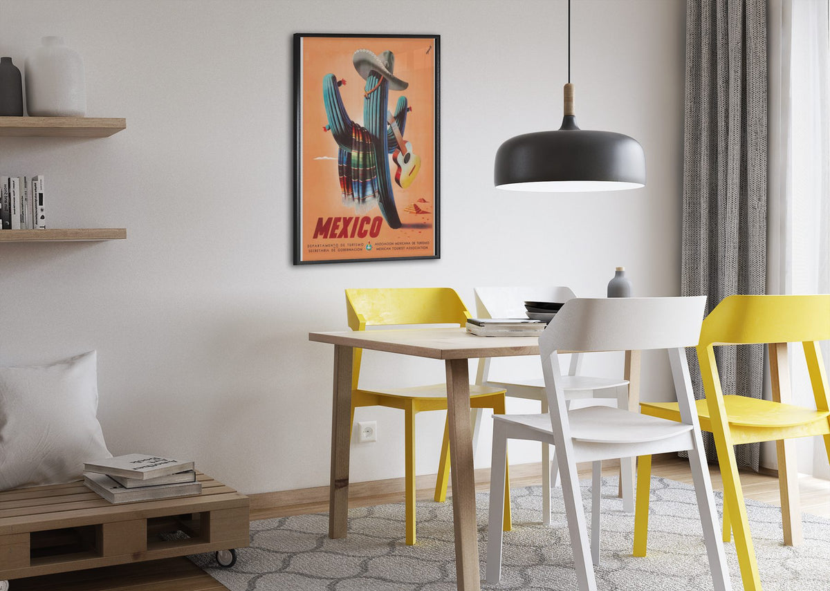 Mexico Saguaro Cactus poster framed above a dining table