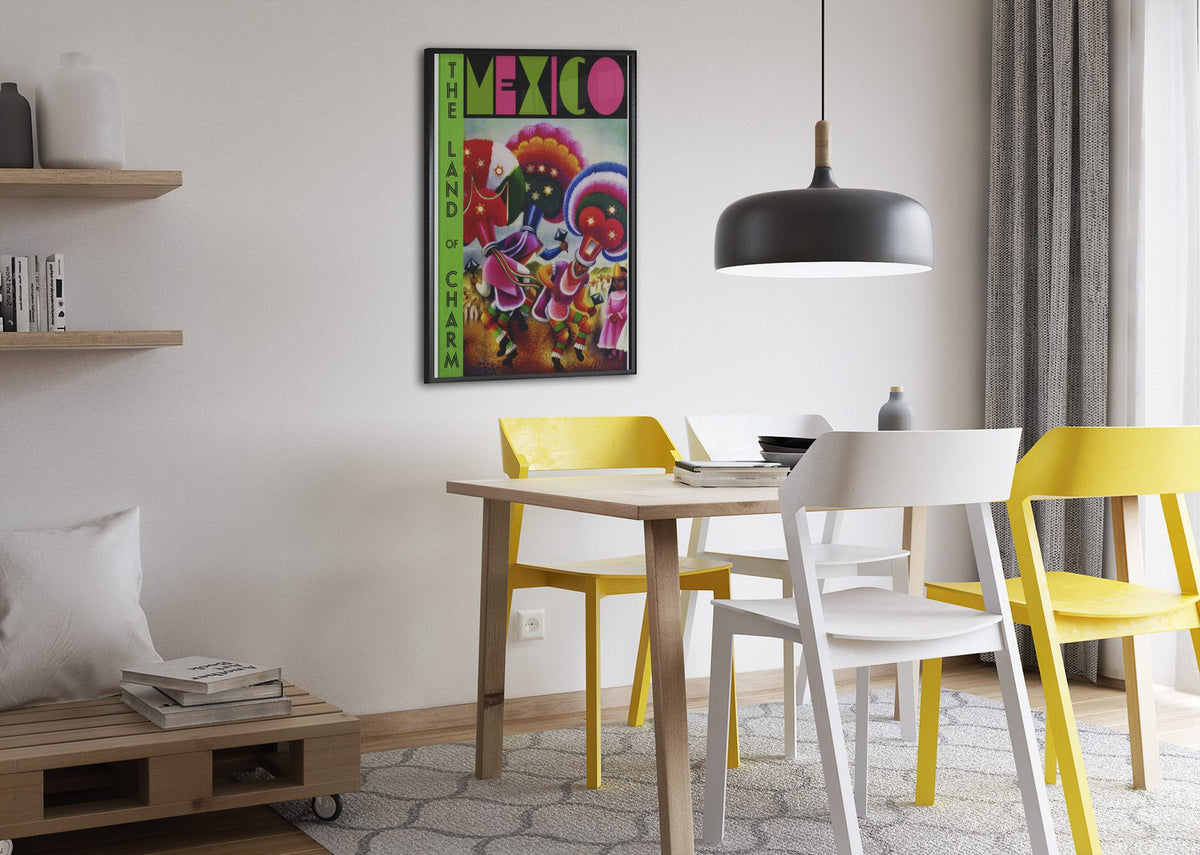 Mexico Land of Charm poster framed above a dining table