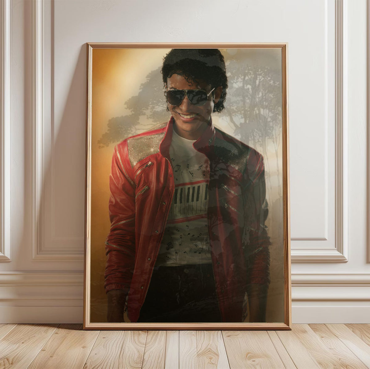 Michael (2026) Movie Key Art poster in a light oak frame leaning against a white wall