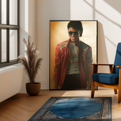 Michael (2026) Movie Key Art poster framed beside a blue armchair in a sunlit room