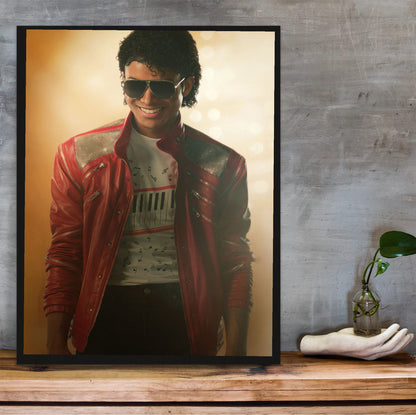 Michael (2026) Movie Key Art poster in a black frame on a wooden shelf against concrete