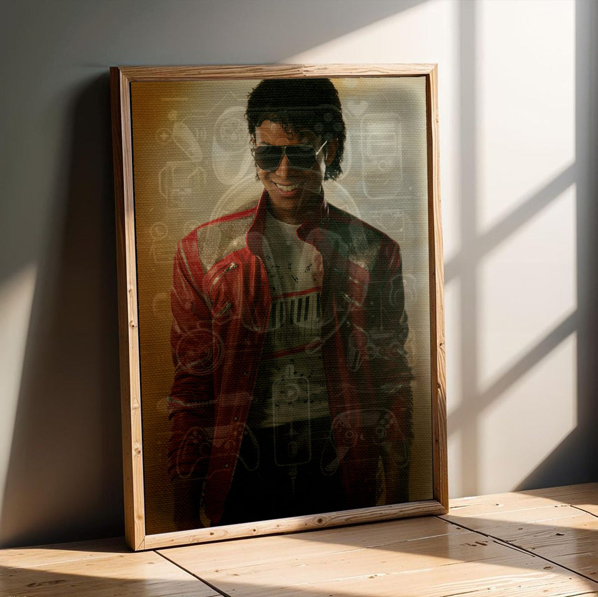 Michael (2026) Movie Key Art poster in an oak frame leaning on a wooden floor