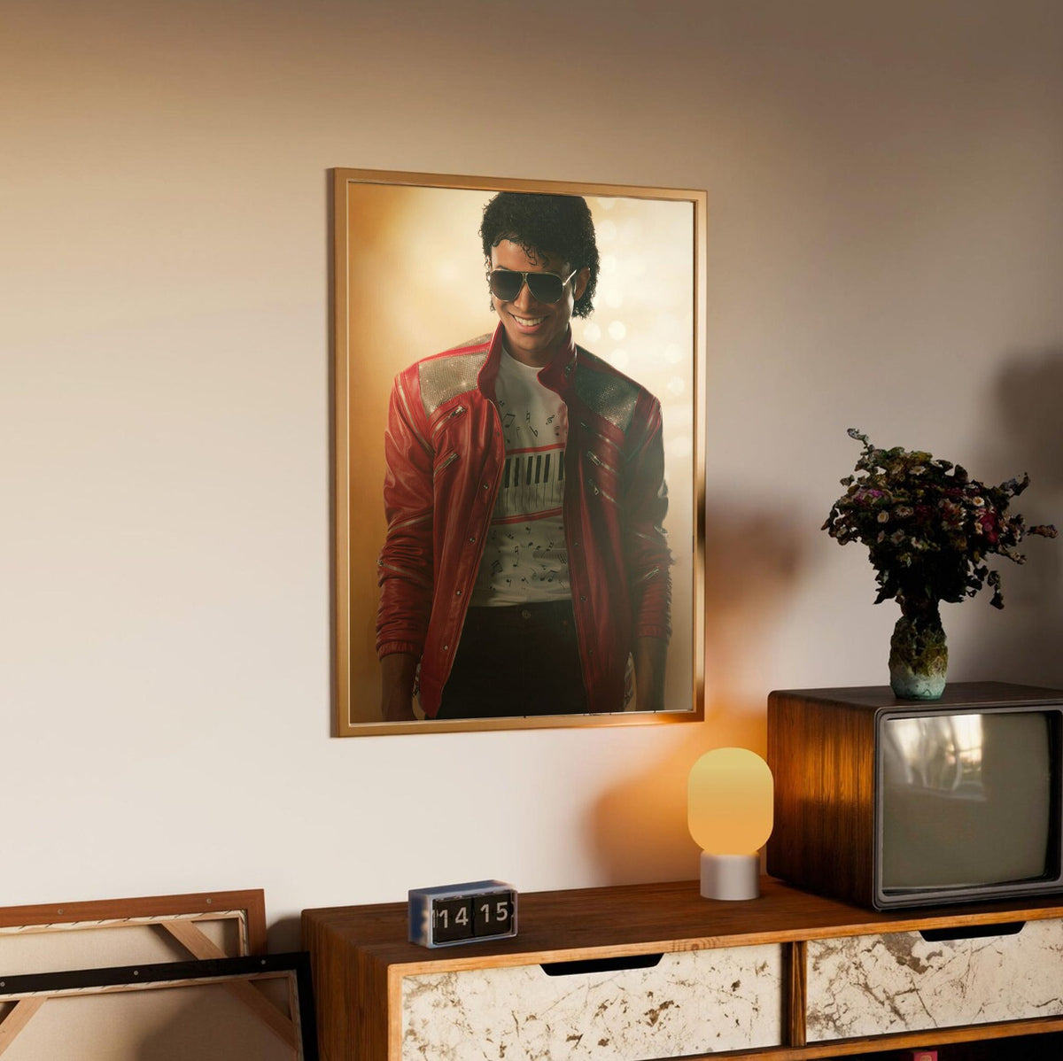Michael (2026) Movie Key Art poster in an oak frame above a sideboard