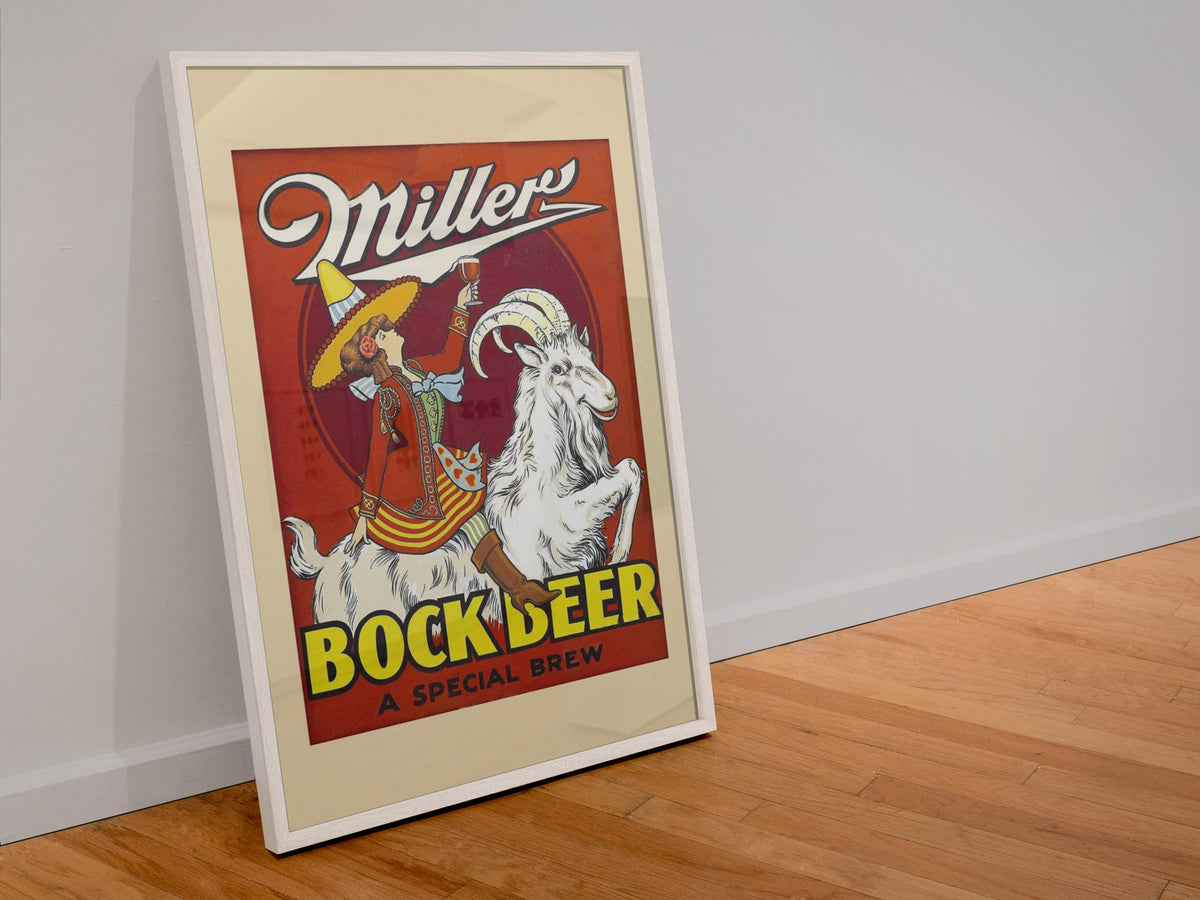 Miller Bock Beer 1930s poster in a white frame leaning against a wall