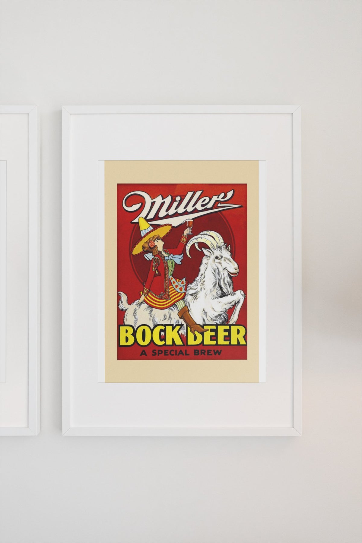 Miller Bock Beer 1930s poster in a white frame on a light wall
