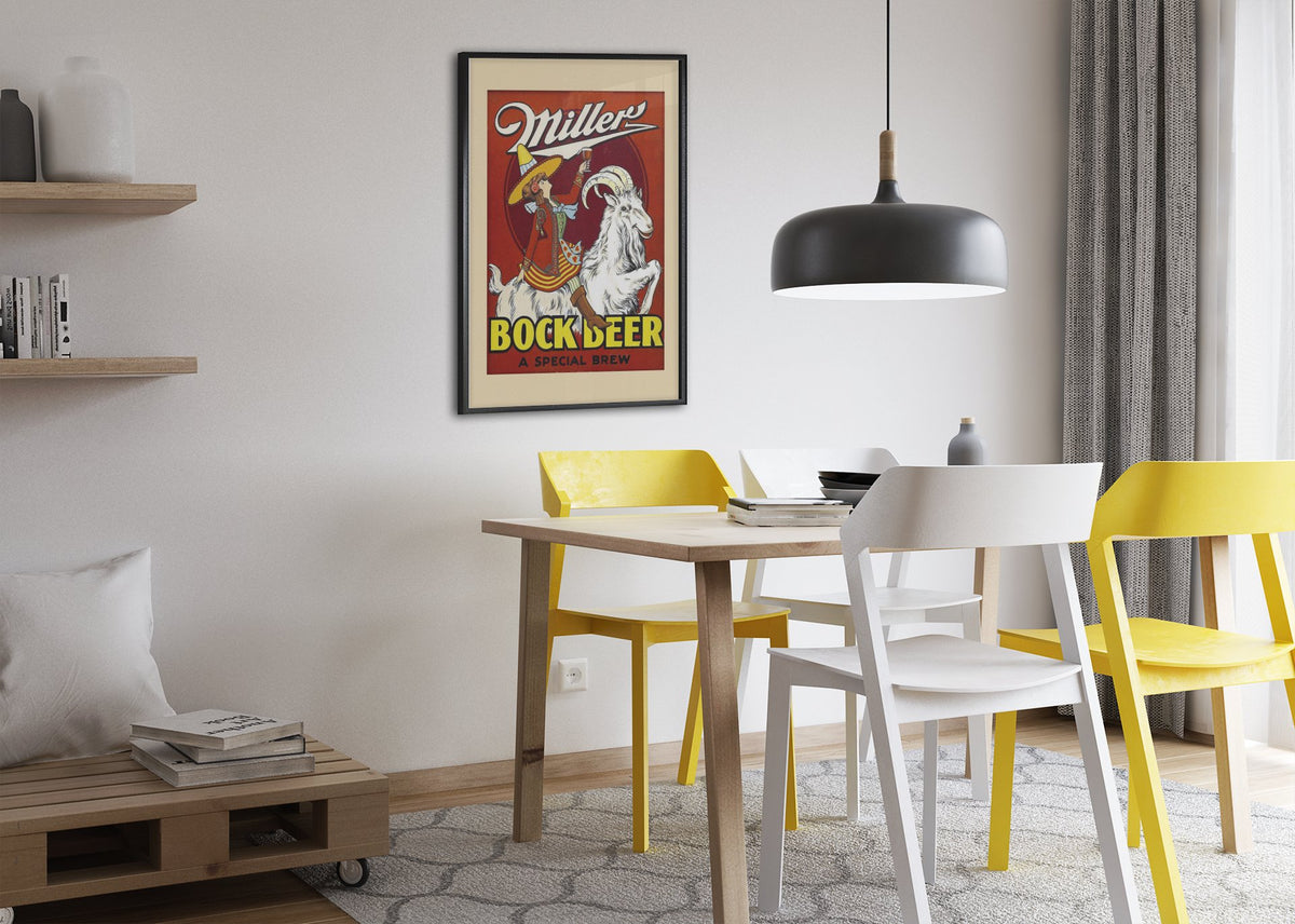 Miller Bock Beer 1930s poster framed above a dining table