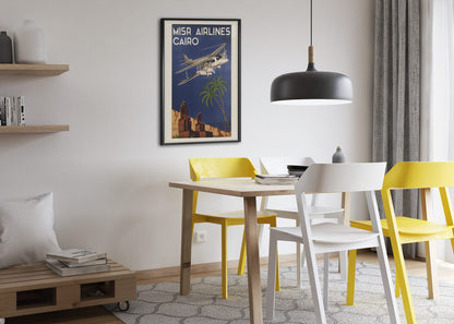 Misr Airlines Cairo poster framed above a dining table