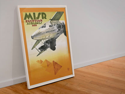 MISR Egyptian Airlines poster in a white frame leaning against a wall
