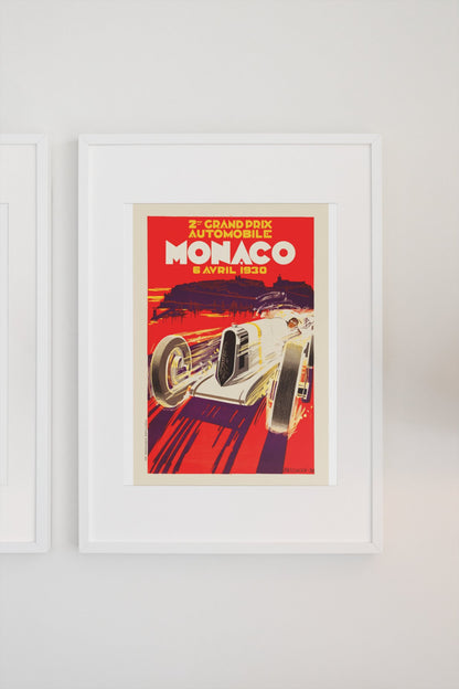 Monaco Grand Prix 1930 poster in a white frame on a light wall