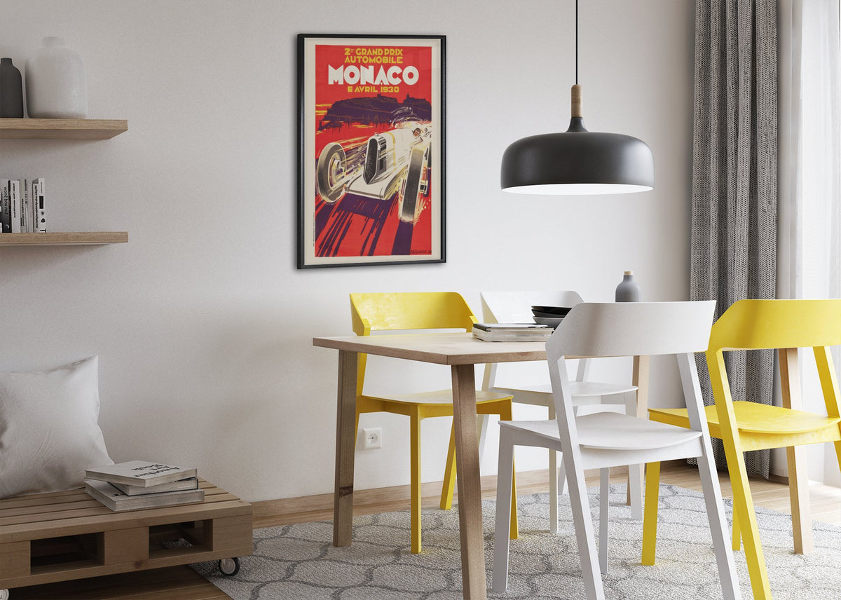 Monaco Grand Prix 1930 poster framed above a dining table