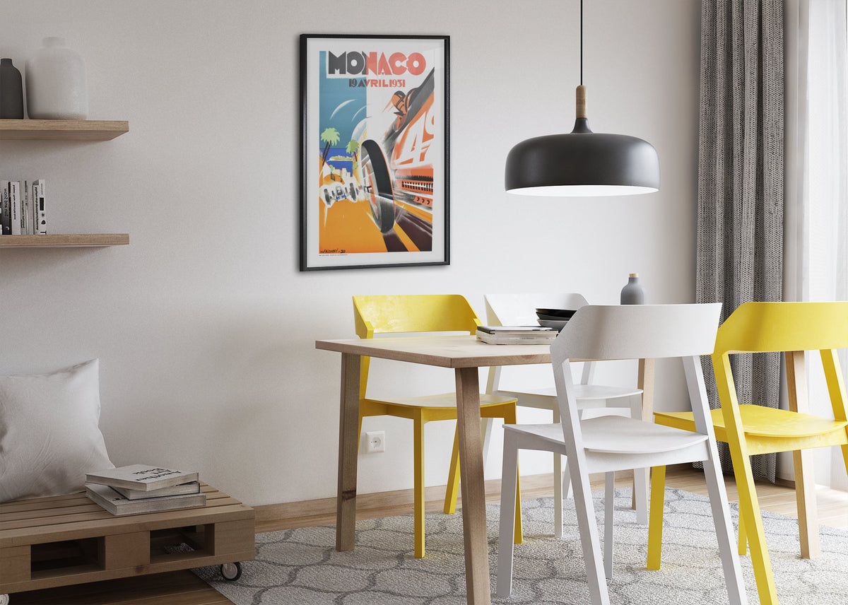 Monaco Grand Prix 1931 poster framed above a dining table