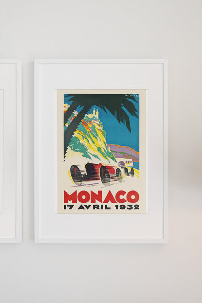 Monaco Grand Prix 1932 poster in a white frame on a light wall