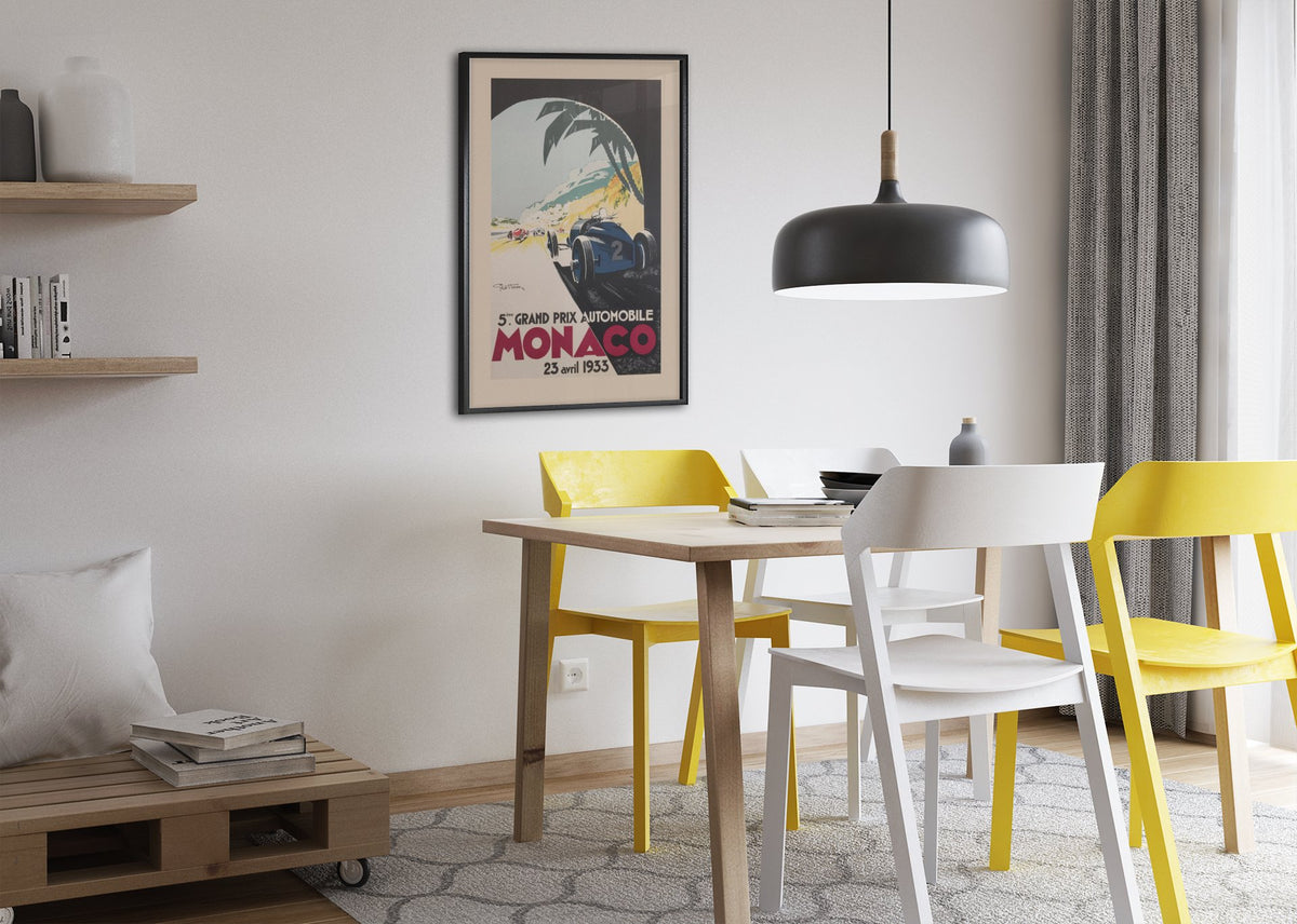 Monaco Grand Prix 1933 poster framed above a dining table